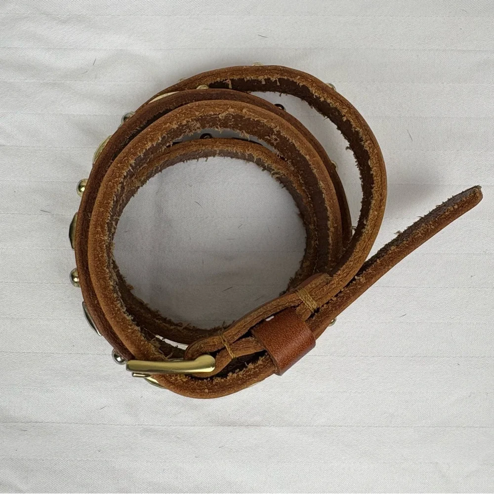 Light Brown Tan Leather Belt Goldtone‎ Silvertone Studded Skinny Belt Bohemian